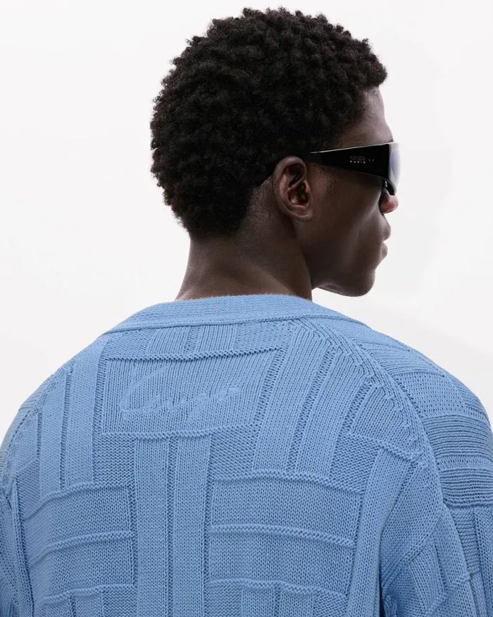 Men 039KENZO Weave039 Embroidered Cardigan In Cotton Sky Blue Kenzo Sweaters And Cardigans