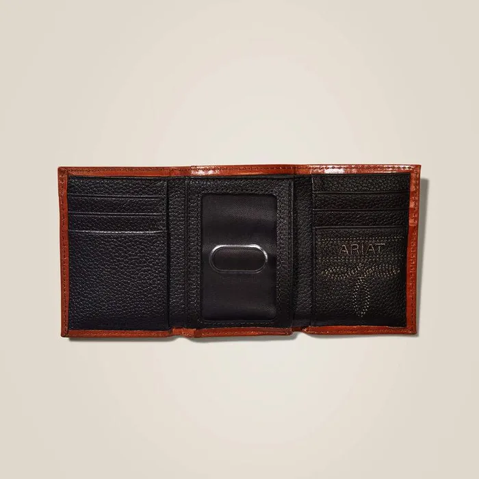 Men Bags and Wallets Ariat Trifold Wallet Basketweave Calf Hair Brown