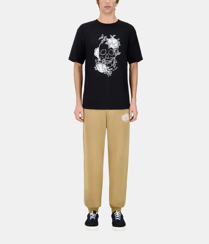 Men Black Tshirt With Flower Skull Serigraphy THE KOOPLES Tshirts