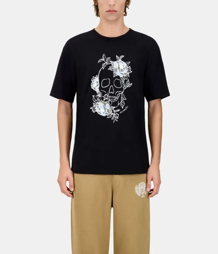 Men Black Tshirt With Flower Skull Serigraphy THE KOOPLES Tshirts