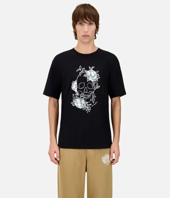 Men Black Tshirt With Flower Skull Serigraphy THE KOOPLES Tshirts