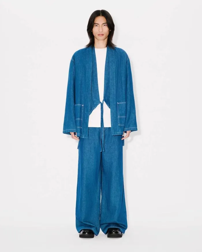 Men Buggy Jeans In Japanese Linen Denim Rinse Blue Denim Kenzo Denim