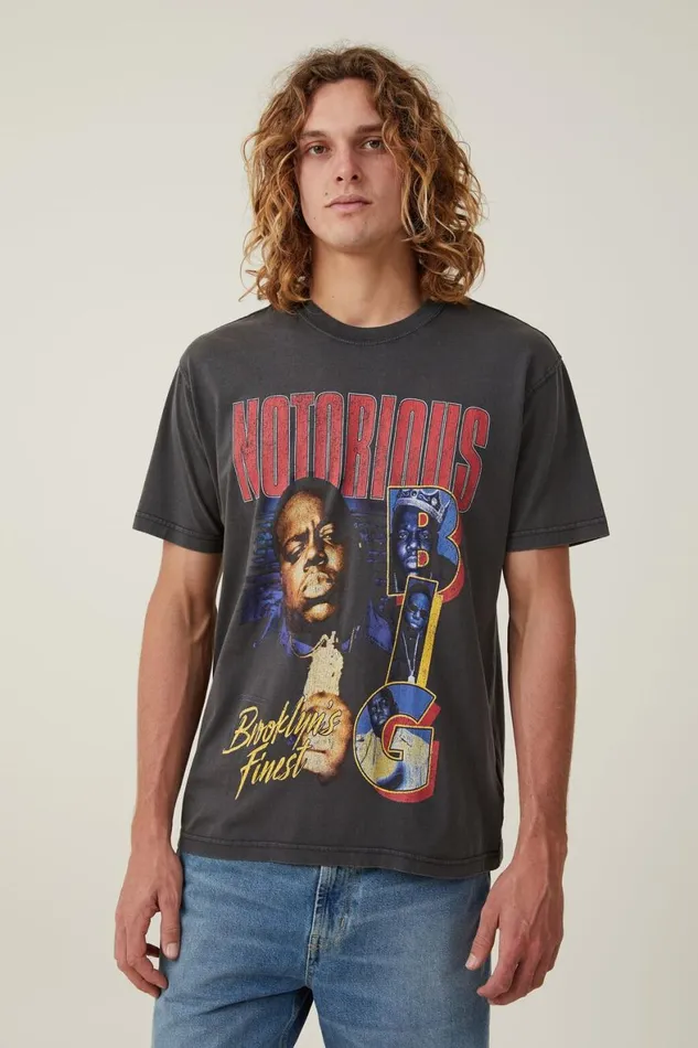 Men Graphic TShirts Cotton On Premium Loose Fit Music TShirt Lcn Mt Washed Blackbiggienotorious