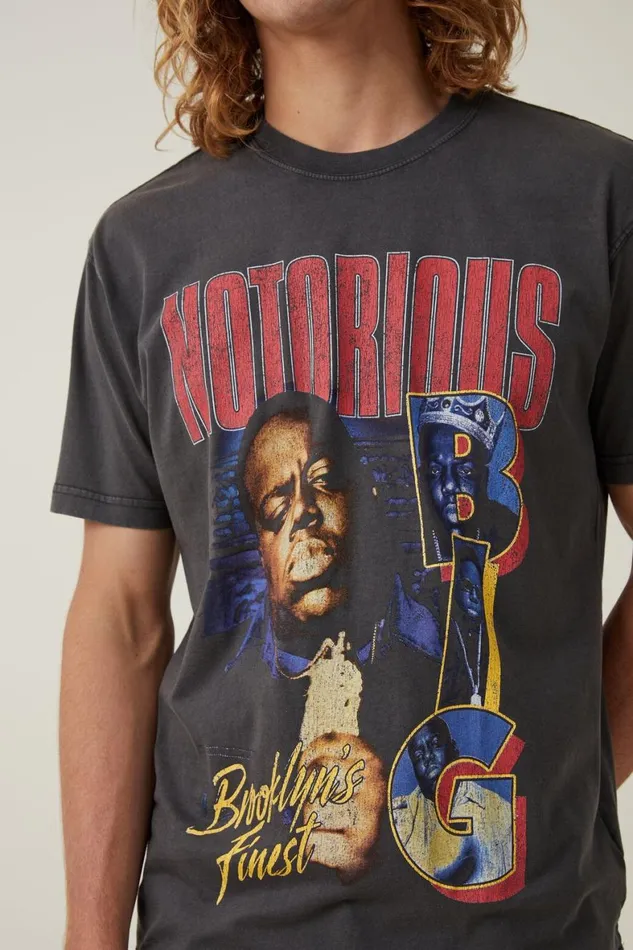 Men Graphic TShirts Cotton On Premium Loose Fit Music TShirt Lcn Mt Washed Blackbiggienotorious