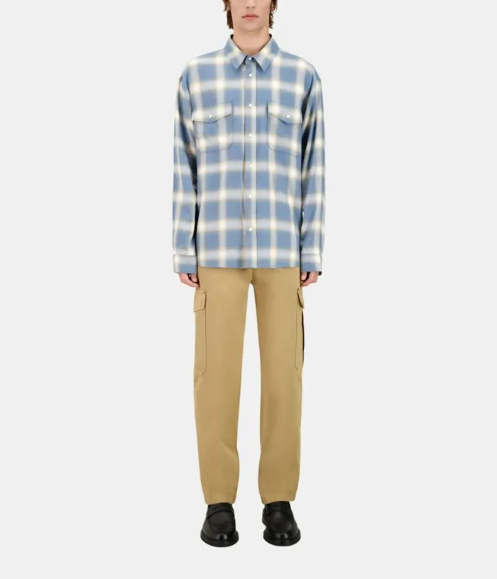Men Light Blue And Gray Checked Long Sleeve Shirt THE KOOPLES Shirts