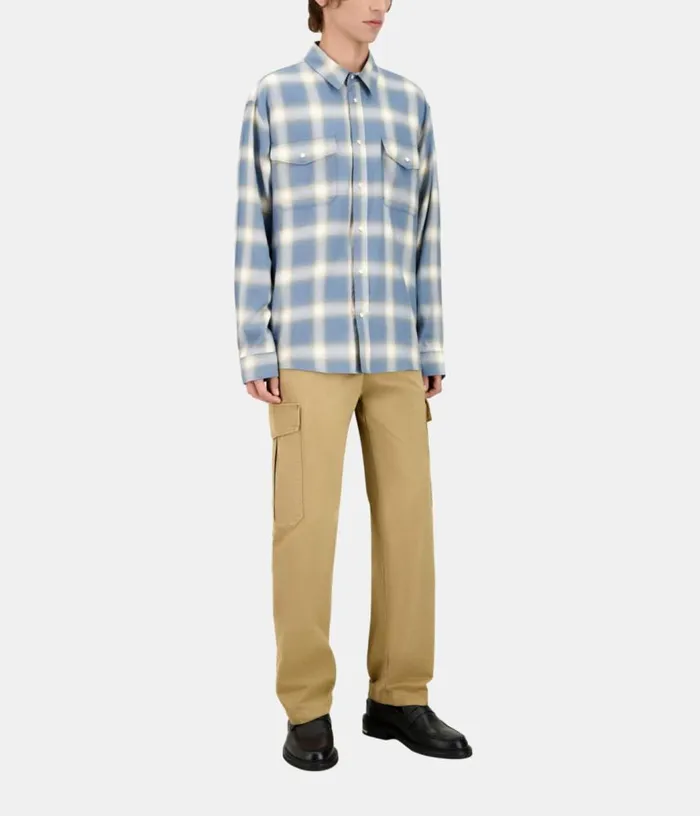 Men Light Blue And Gray Checked Long Sleeve Shirt THE KOOPLES Shirts
