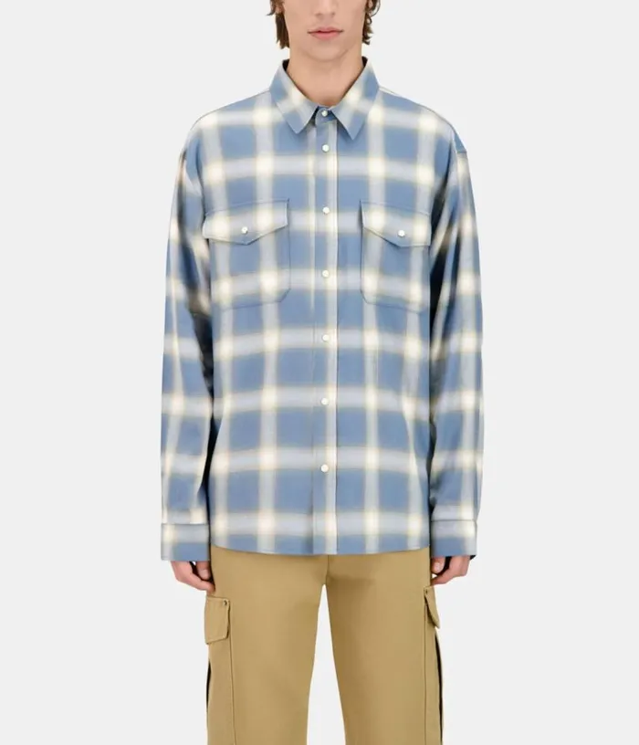 Men Light Blue And Gray Checked Long Sleeve Shirt THE KOOPLES Shirts