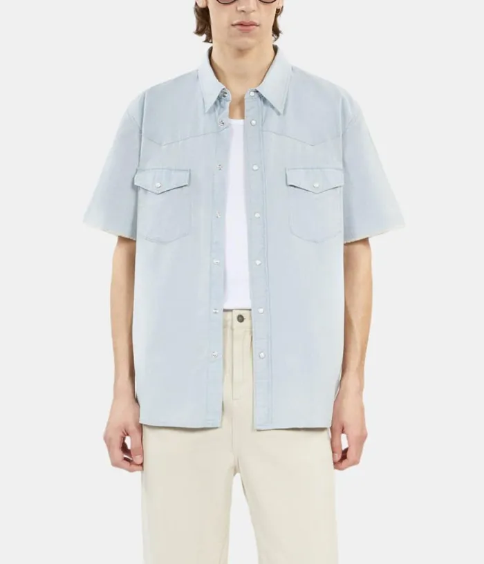 Men Light Blue Short Sleeve Denim Shirt THE KOOPLES Shirts