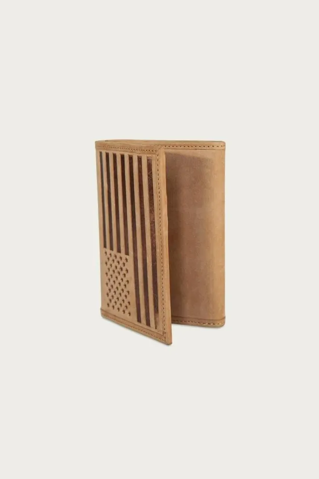Men Lucky Brand Bags and Wallets Flag Embossed Leather Trifold Wallet Medium Brown