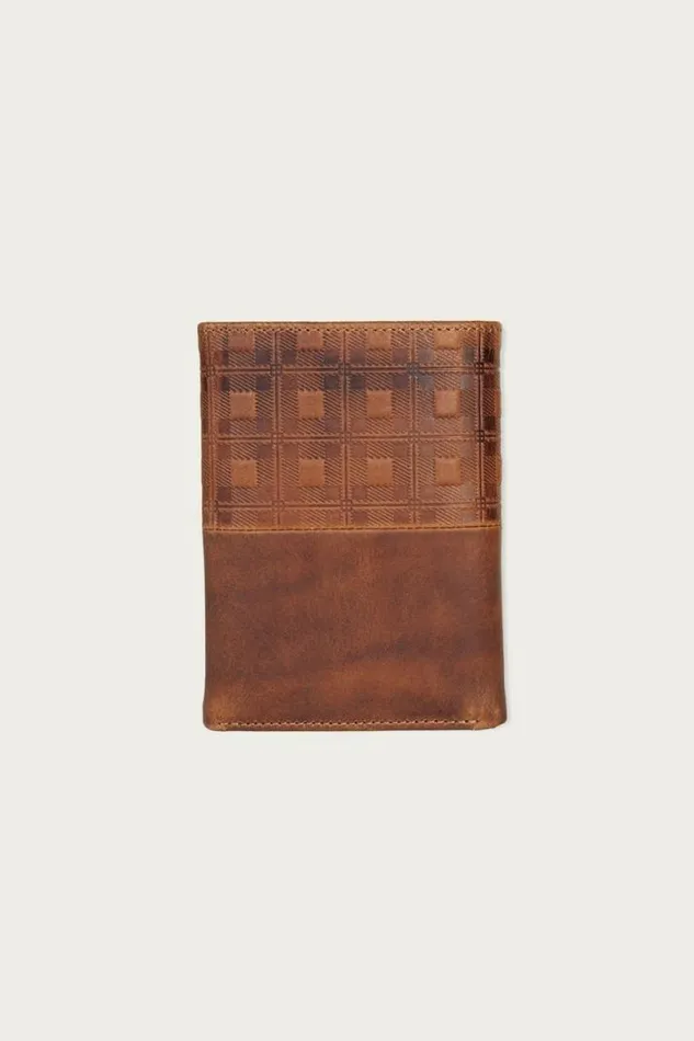 Men Lucky Brand Bags and Wallets Plaid Embossed Leather Card Case Dark Brown