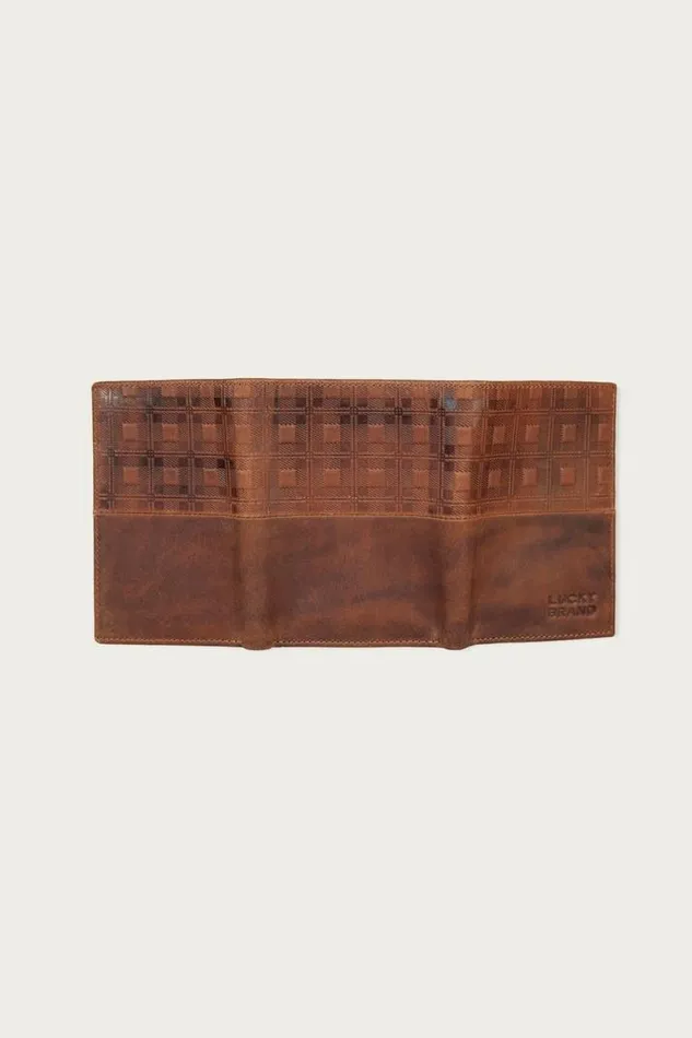 Men Lucky Brand Bags and Wallets Plaid Embossed Leather Card Case Dark Brown
