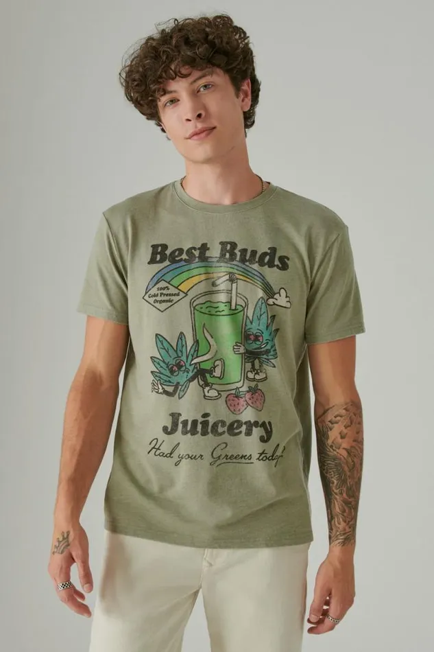 Men Lucky Brand Graphic Tees Best Buds Juice Oil Green