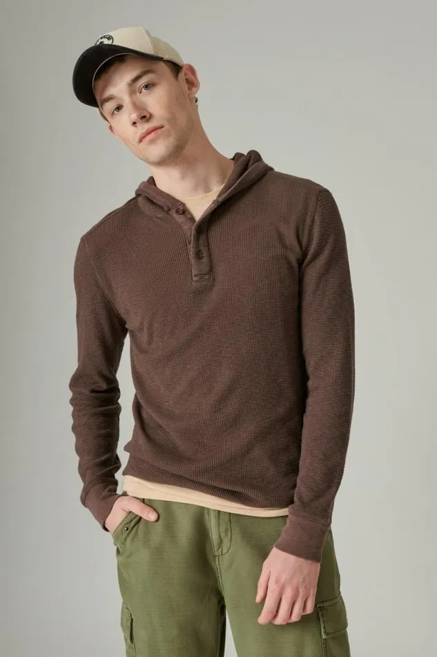 Men Lucky Brand Shirts and Tops Garment Dye Thermal Hoodley Seal Brown