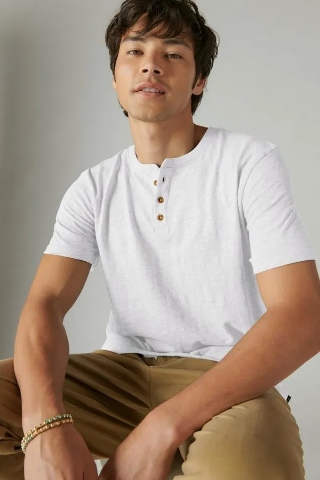 Men Lucky Brand Shirts and Tops Linen Short Sleeve Henley Bright White