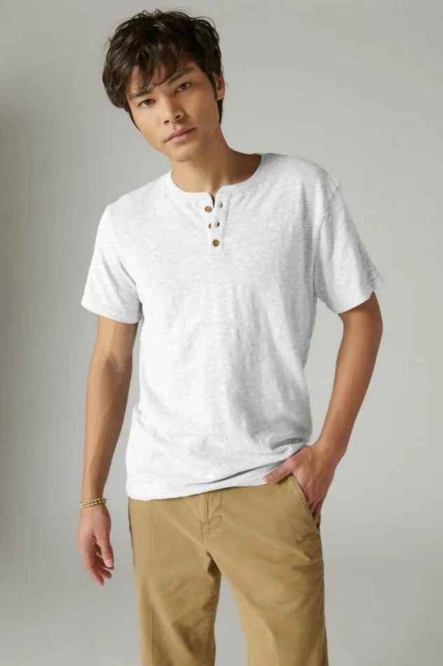 Men Lucky Brand Shirts and Tops Linen Short Sleeve Henley Bright White