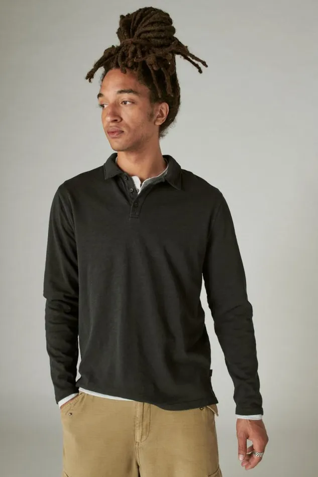 Men Lucky Brand Shirts and Tops Weekend Slub Jersey Long Sleeve Polo Jet Black