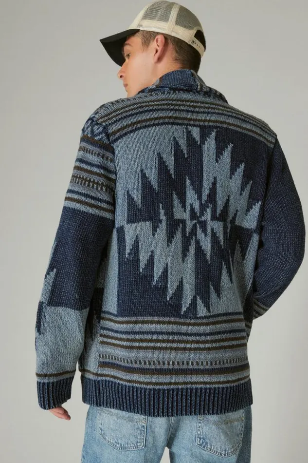 Men Lucky Brand Sweaters Southwestern Print Shawl Cardigan Dark Denim Combo