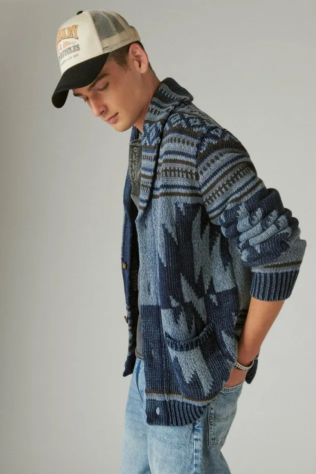 Men Lucky Brand Sweaters Southwestern Print Shawl Cardigan Dark Denim Combo