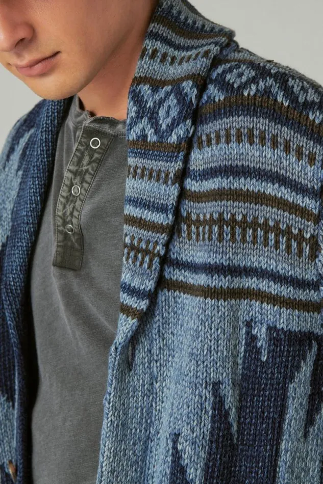 Men Lucky Brand Sweaters Southwestern Print Shawl Cardigan Dark Denim Combo