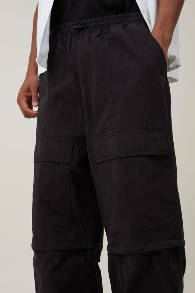 Men Pants Cotton On Parachute Super Baggy Pant Black Zip Off
