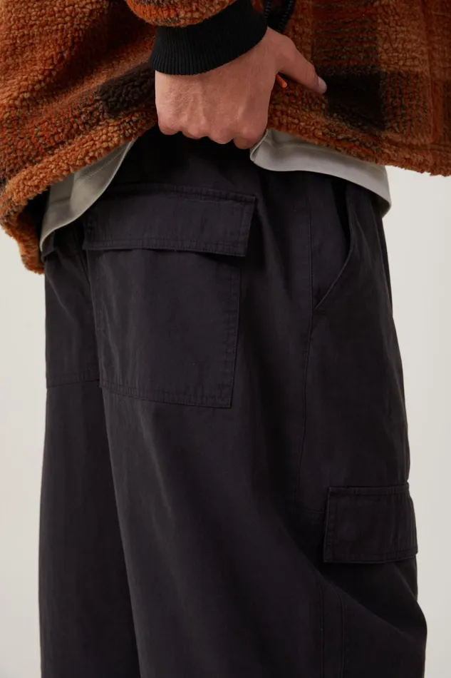 Men Pants Cotton On Parachute Super Baggy Pant Black Zip Off