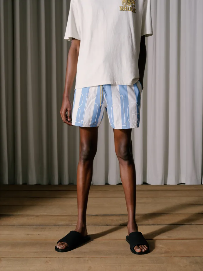 Men Rhude Shorts LOGO STRIPED TRUNKS Whitelight Blue