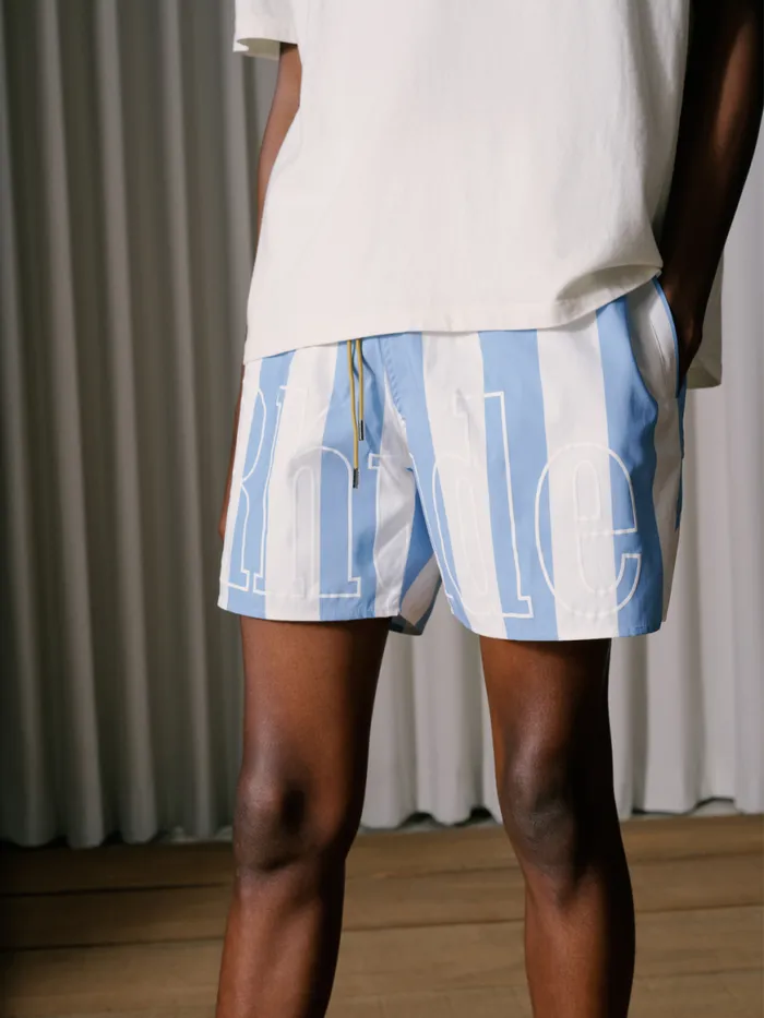 Men Rhude Shorts LOGO STRIPED TRUNKS Whitelight Blue