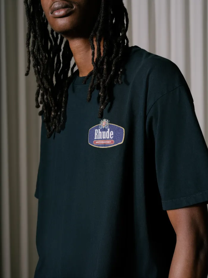 Men Rhude Tees RACING CREST TEE Black Men Rhude Tees RACING CREST TEE Black
