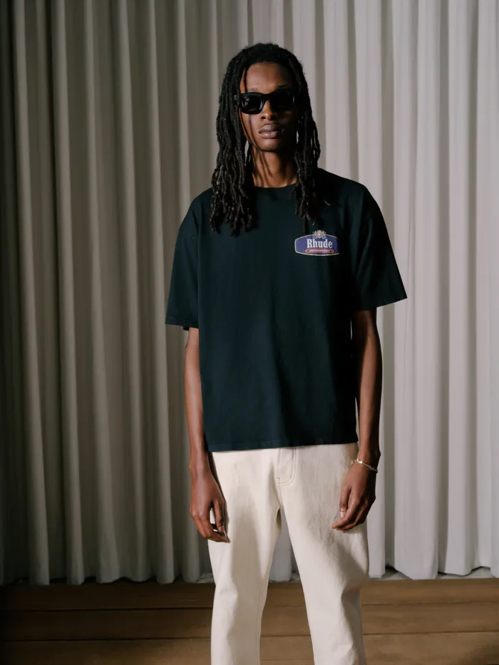 Men Rhude Tees RACING CREST TEE Black Men Rhude Tees RACING CREST TEE Black