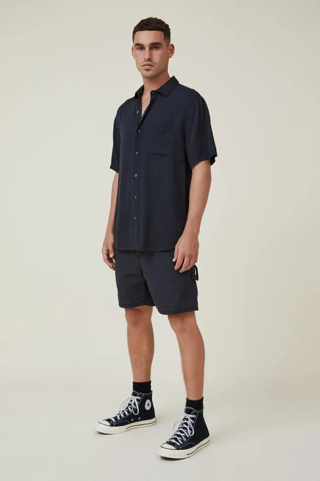 Men Shirts and Polos Cotton On Cuban Short Sleeve Shirt Washed Black