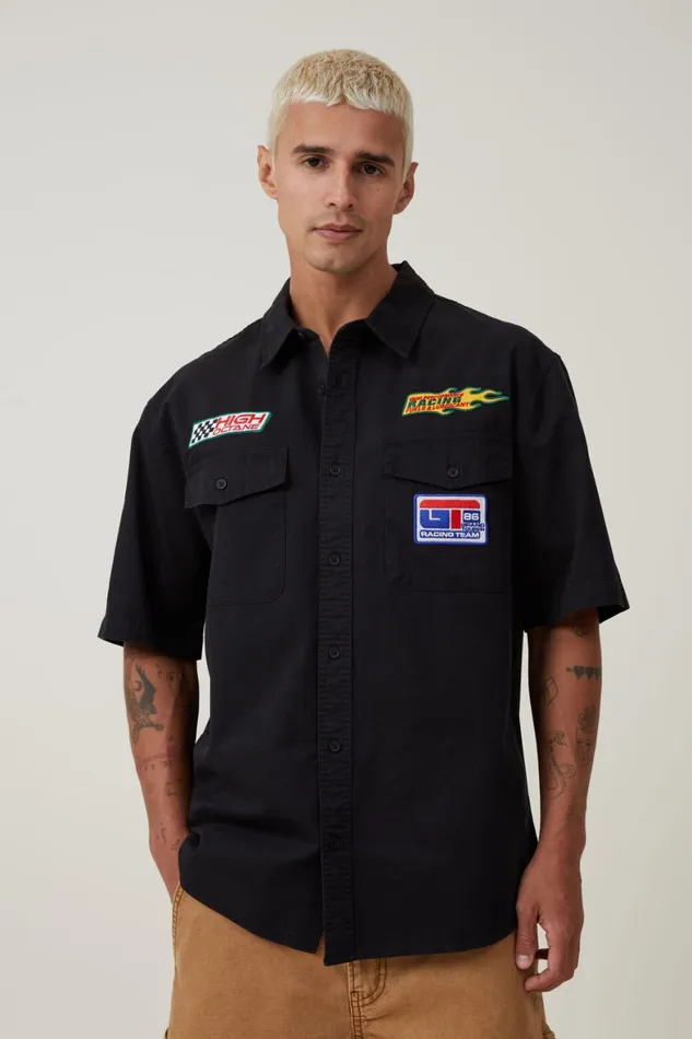 Men Shirts and Polos Cotton On Garage Short Sleeve Shirt Black