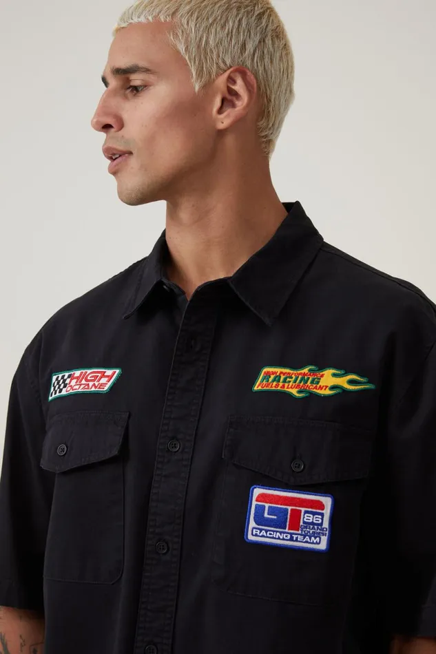 Men Shirts and Polos Cotton On Garage Short Sleeve Shirt Black