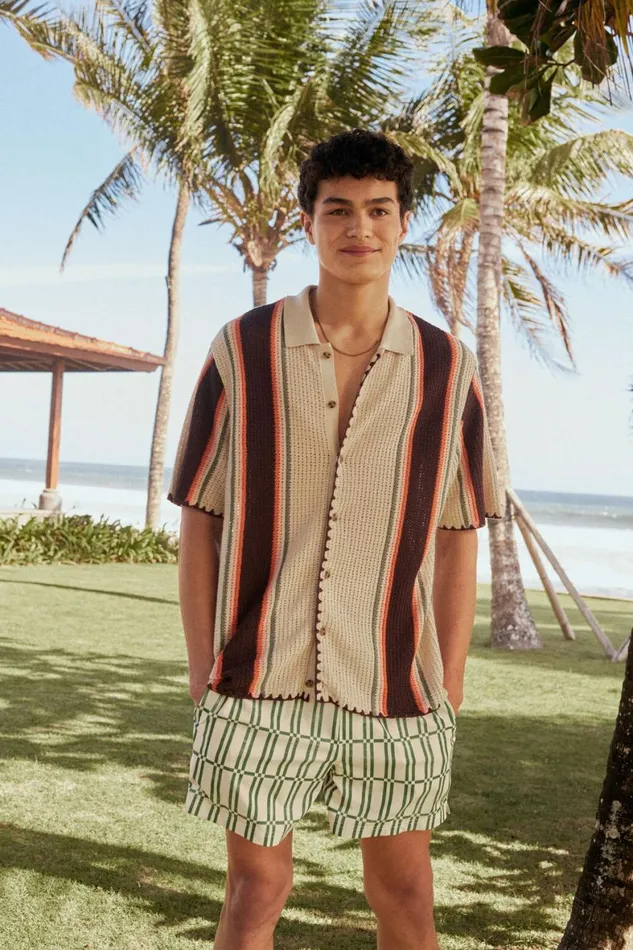 Men Shirts and Polos Cotton On Pablo Short Sleeve Shirt Stone Vert Stripe