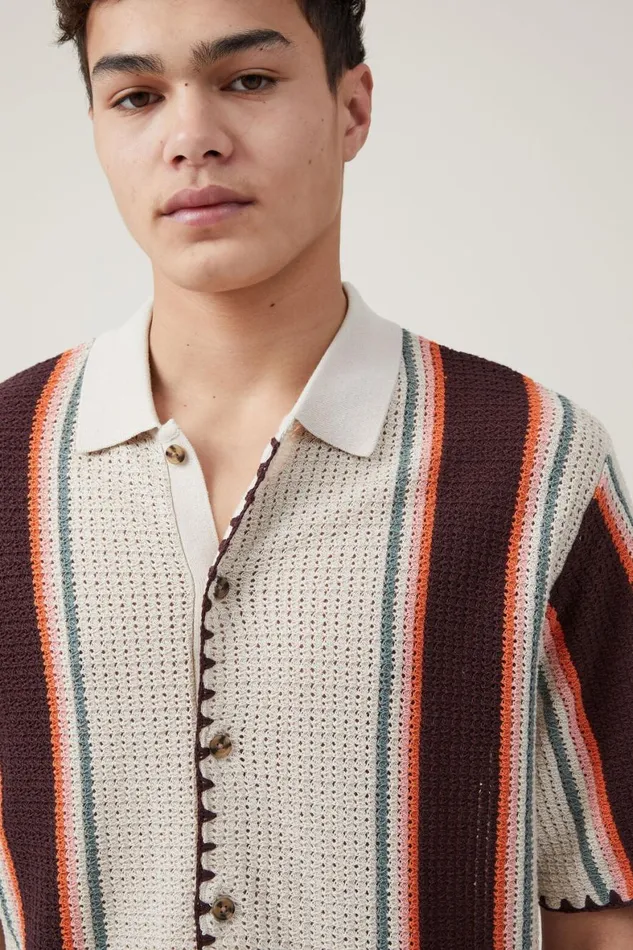 Men Shirts and Polos Cotton On Pablo Short Sleeve Shirt Stone Vert Stripe