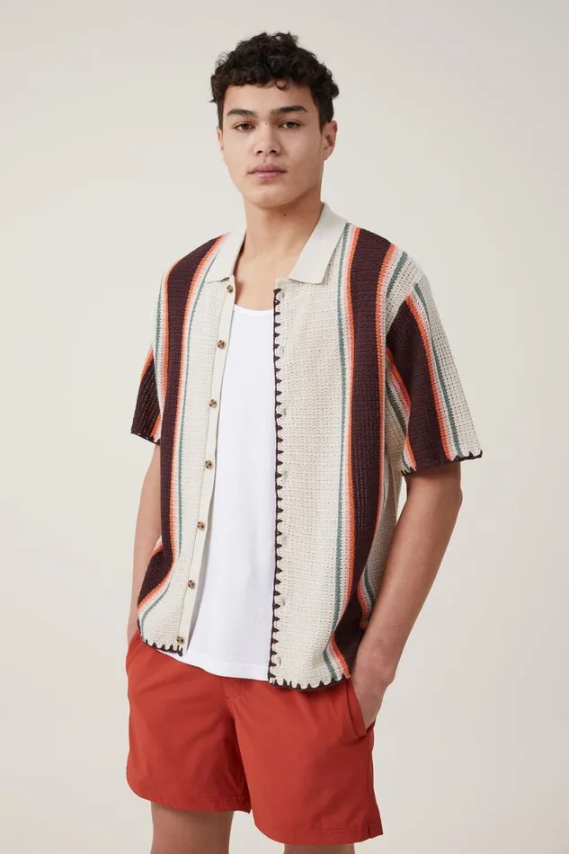 Men Shirts and Polos Cotton On Pablo Short Sleeve Shirt Stone Vert Stripe