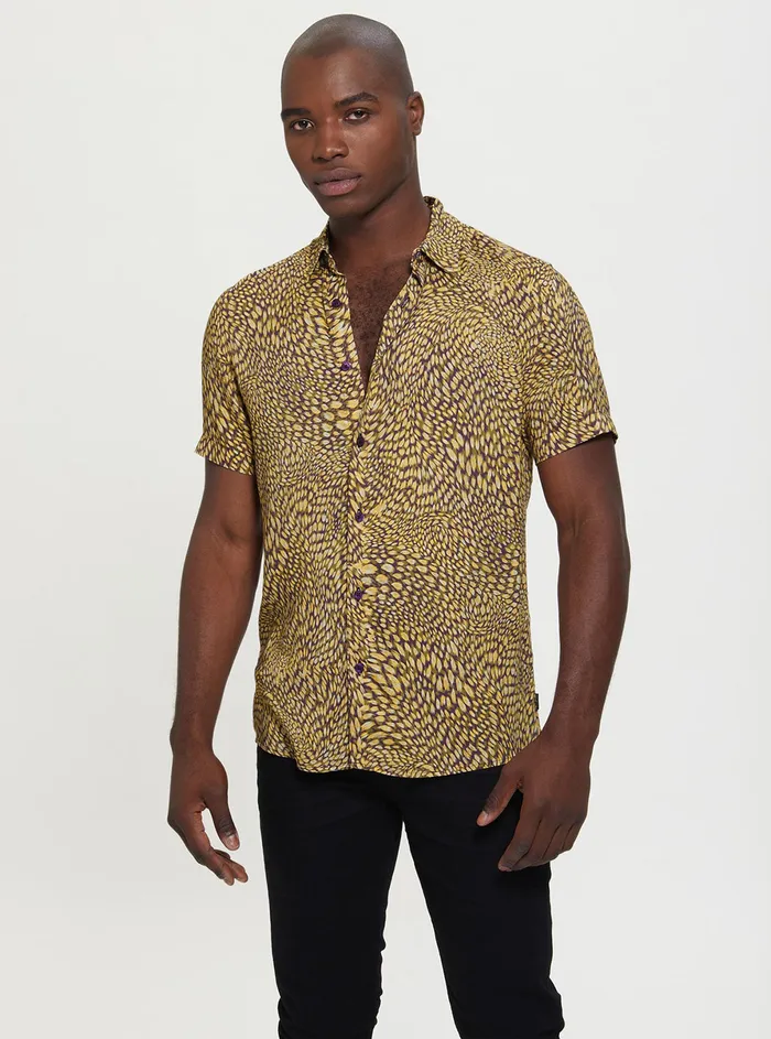 Men Shirts GUESS Eco Yellow Brushstroke Rayon Shirt
