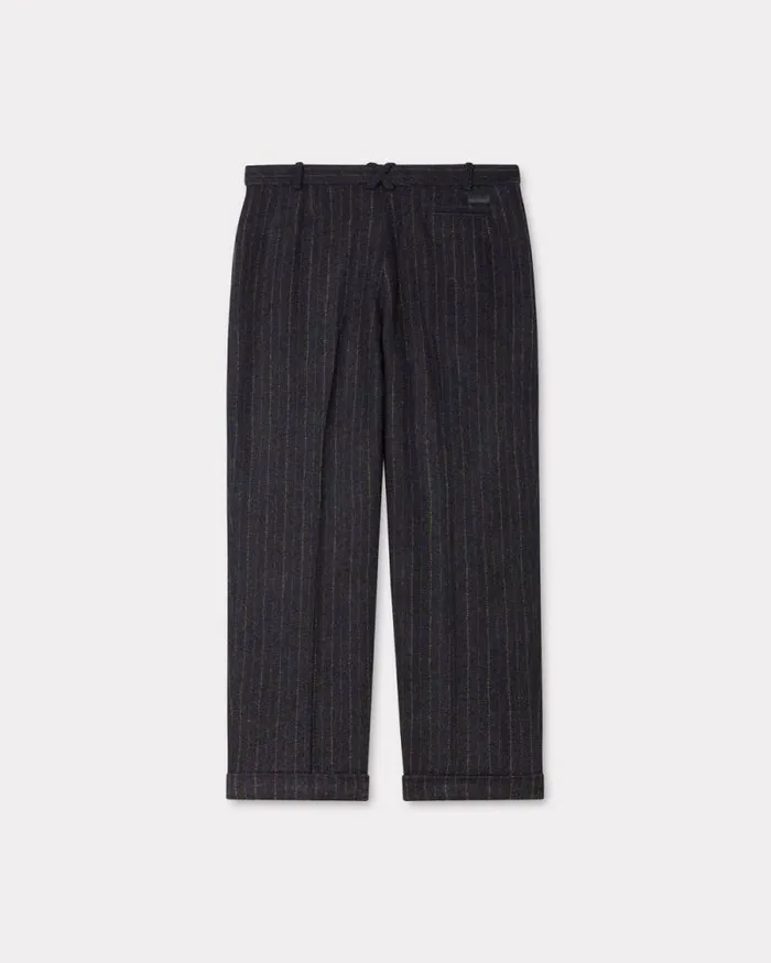 Men Straight Pleated Tailored Pants In Virgin Wool Blue Black Kenzo Pants And Shorts