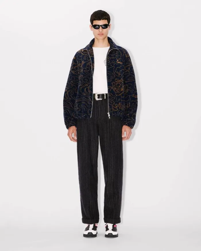 Men Straight Pleated Tailored Pants In Virgin Wool Blue Black Kenzo Pants And Shorts