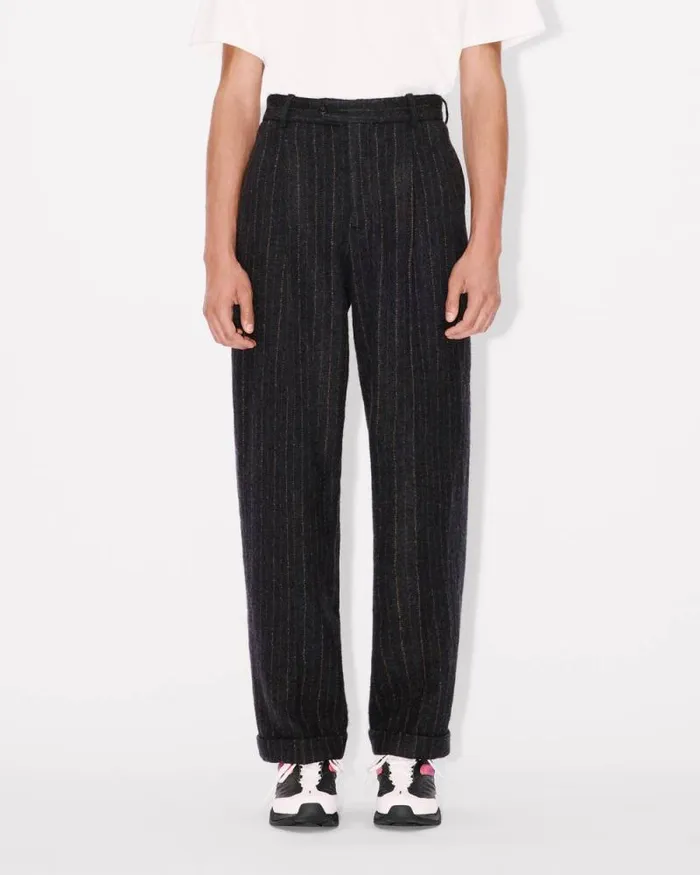 Men Straight Pleated Tailored Pants In Virgin Wool Blue Black Kenzo Pants And Shorts