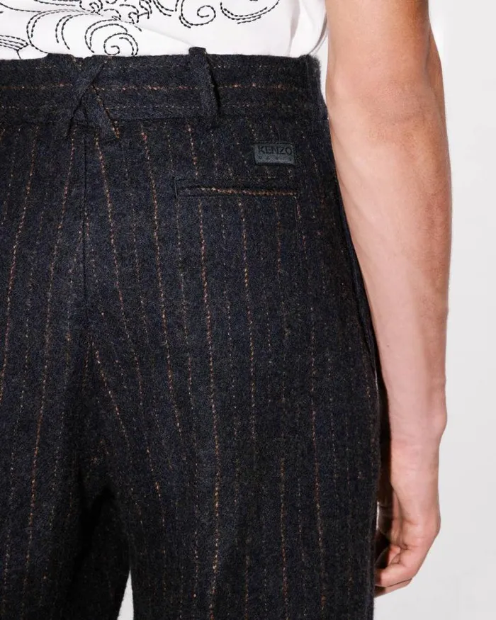 Men Straight Pleated Tailored Pants In Virgin Wool Blue Black Kenzo Pants And Shorts