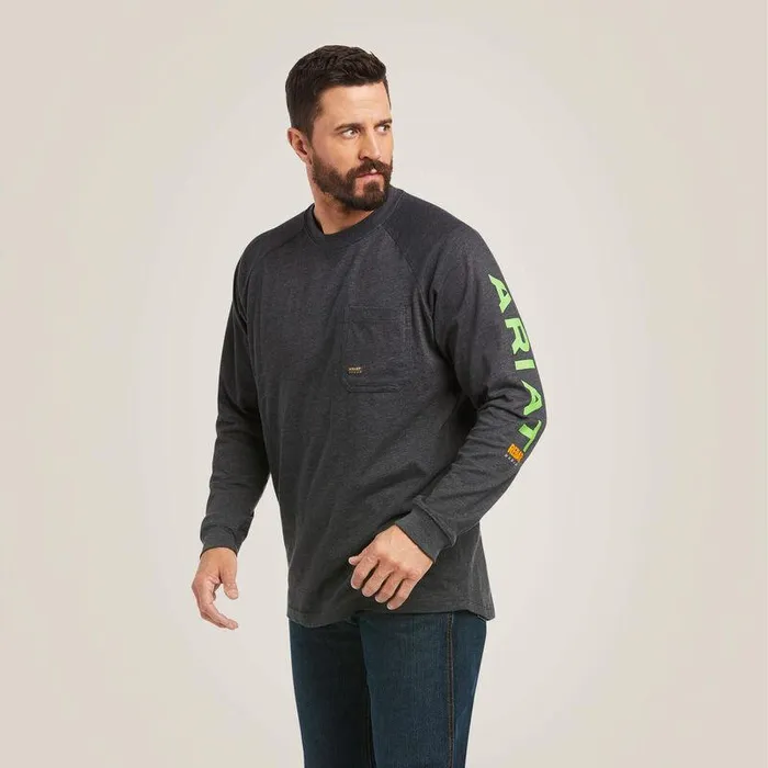 Men TShirts and Polos Ariat Rebar Cotton Strong Graphic TShirt Charcoal Heatherandlime