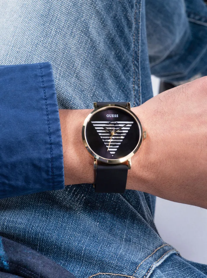 Men Watches GUESS Black Gold Idol Silicone Watch
