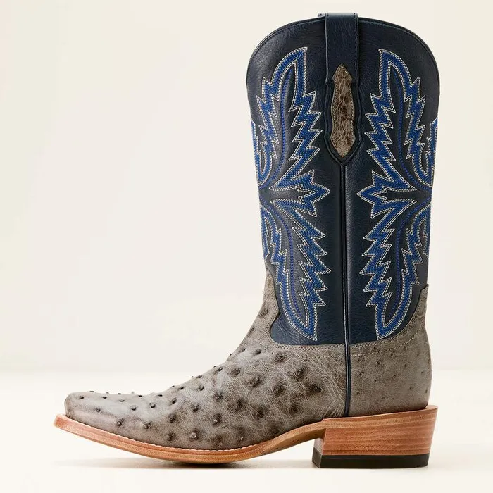 Men Western Boots Ariat Futurity Relentless Buckles Cowboy Boot Grey Full Quill Ostrichbark Blue