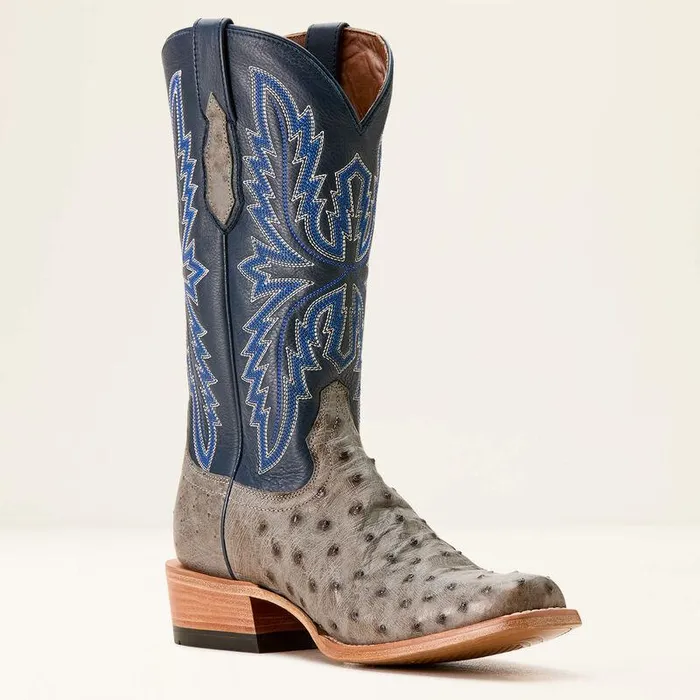 Men Western Boots Ariat Futurity Relentless Buckles Cowboy Boot Grey Full Quill Ostrichbark Blue