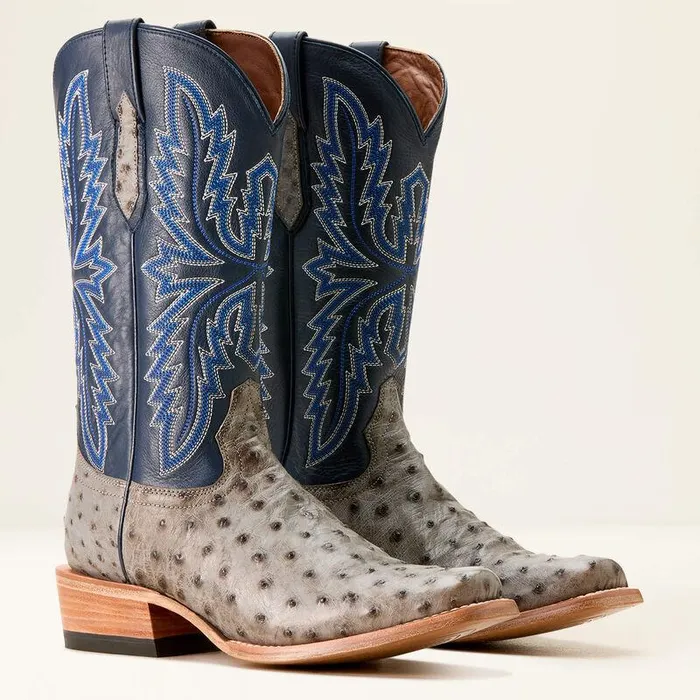 Men Western Boots Ariat Futurity Relentless Buckles Cowboy Boot Grey Full Quill Ostrichbark Blue