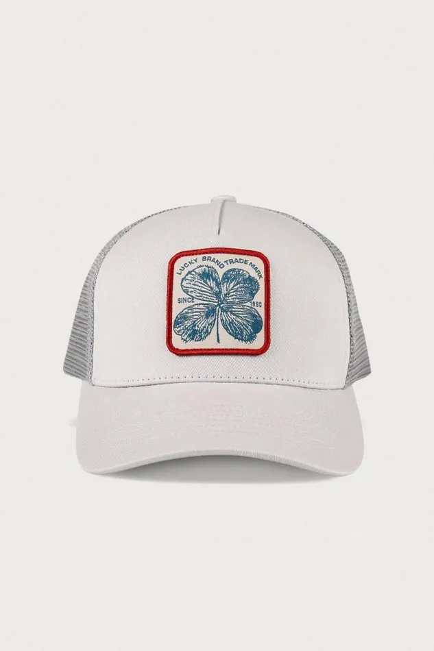 MenWomen Lucky Brand Hats Clover Patch Trucker Hat Open Grey