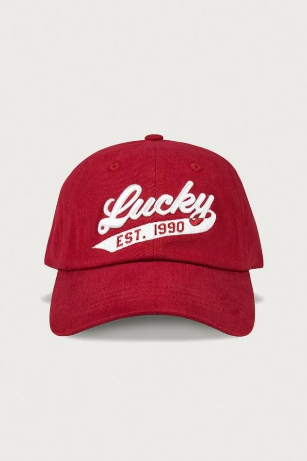 MenWomen Lucky Brand Hats Lucky 1990 Embroidered Dad Hat Dark Red