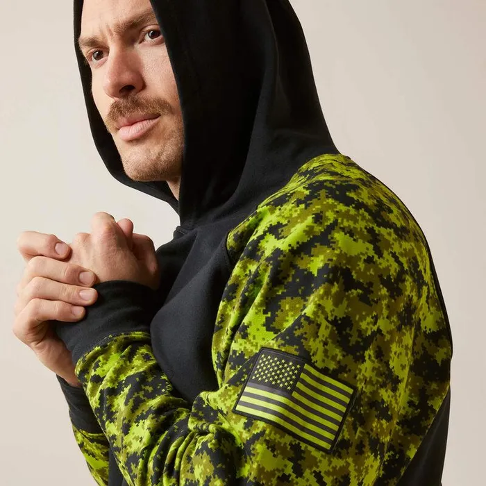 Men Workwear Ariat FR DuraStretch Patriot Hoodie Blackandlime Camo Men Workwear Ariat FR DuraStretch Patriot Hoodie Blackandlime Camo