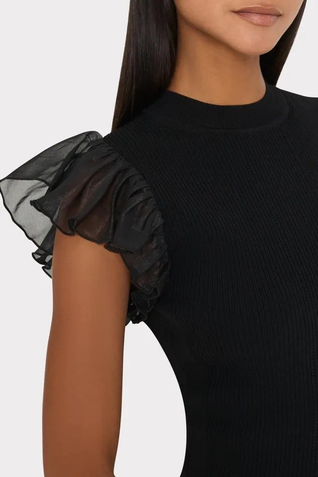 Milly Chiffon Flutter Sleeve Knit Top Black Women Tops