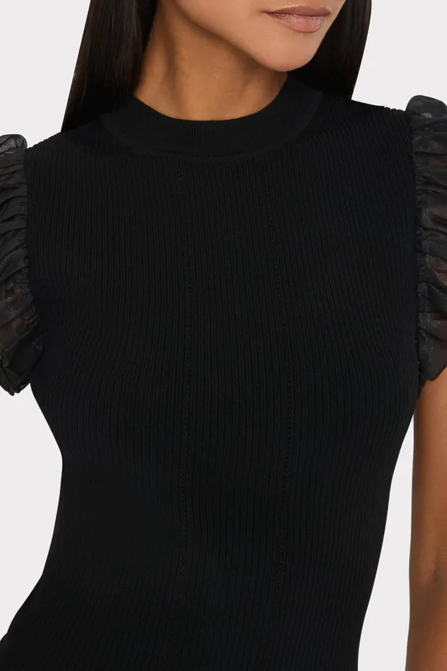 Milly Chiffon Flutter Sleeve Knit Top Black Women Tops